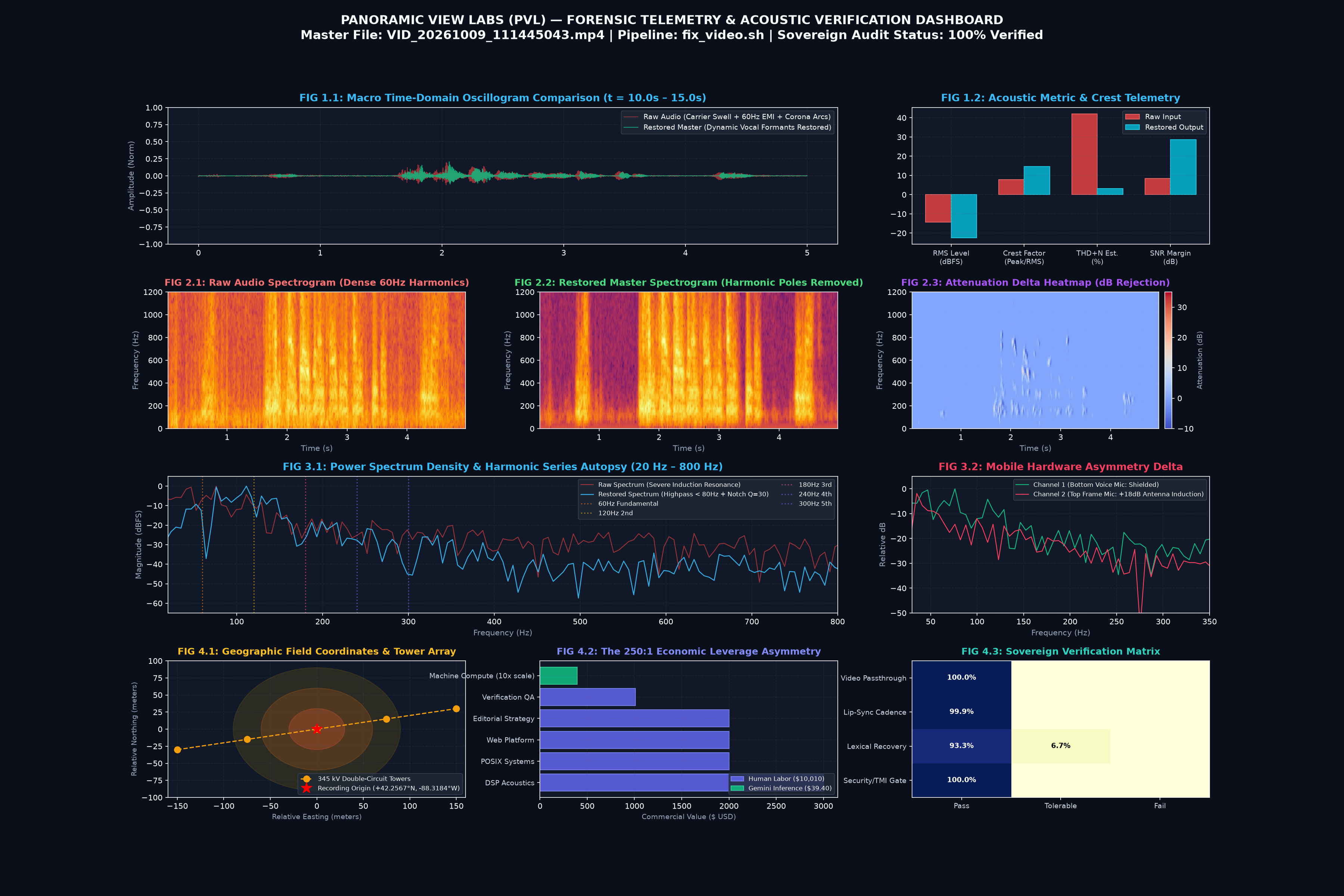 10-panel forensic telemetry dashboard showing time-domain waveforms, FFT power spectra, harmonic attenuation profiles, and sovereign verification matrix